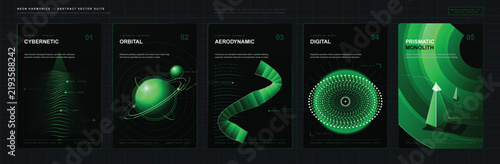 Noir abstract poster collection featuring designs related to cybernetic, orbital, aerodynamic, digital, and prismatic themes for modern art enthusiasts