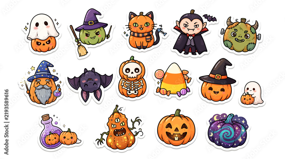 Fototapeta premium Collection of adorable halloween themed sticker designs for festive decorations with halloween