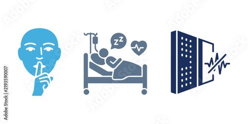 Hospital quiet zone instruction vector icon set featuring a silence gesture, sleeping patient, and sound-dampening acoustic panel.