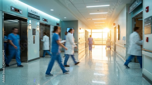 Modern hospital facility interior near elevators. Long exposure blurred motion of medical doctors walking, warm lens flare and copy space.
