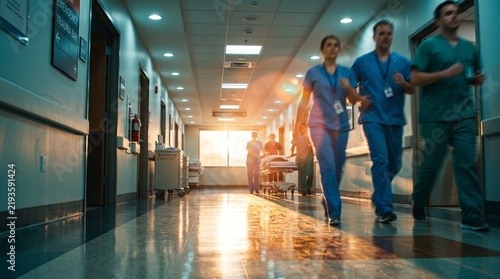 Hospital interior abstract background. Blurred motion of medical staff and nurses in a trauma ward walking down a corridor with bright sunlight.
