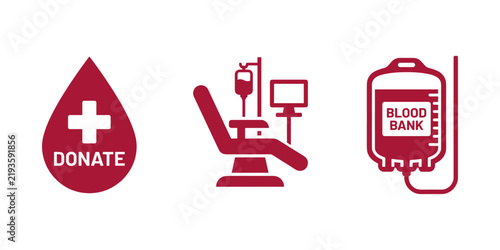 Blood donation and phlebotomy services vector icon set featuring a donation symbol, comfortable phlebotomy chair, and medical blood bag.