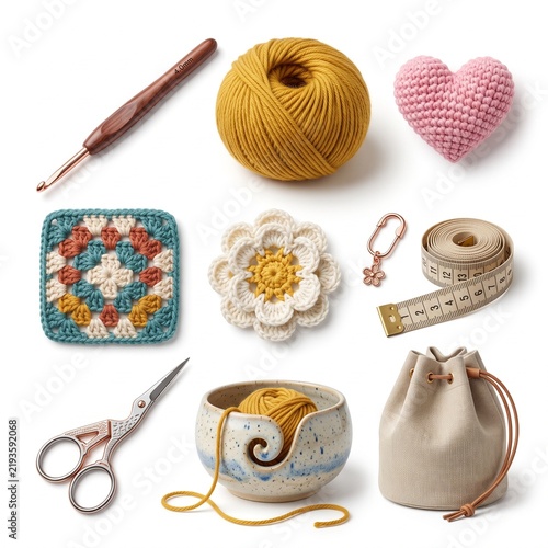 A curated collection of vibrant crochet crafting supplies and handmade decorative items, perfect for hobbyists and creative textile projects