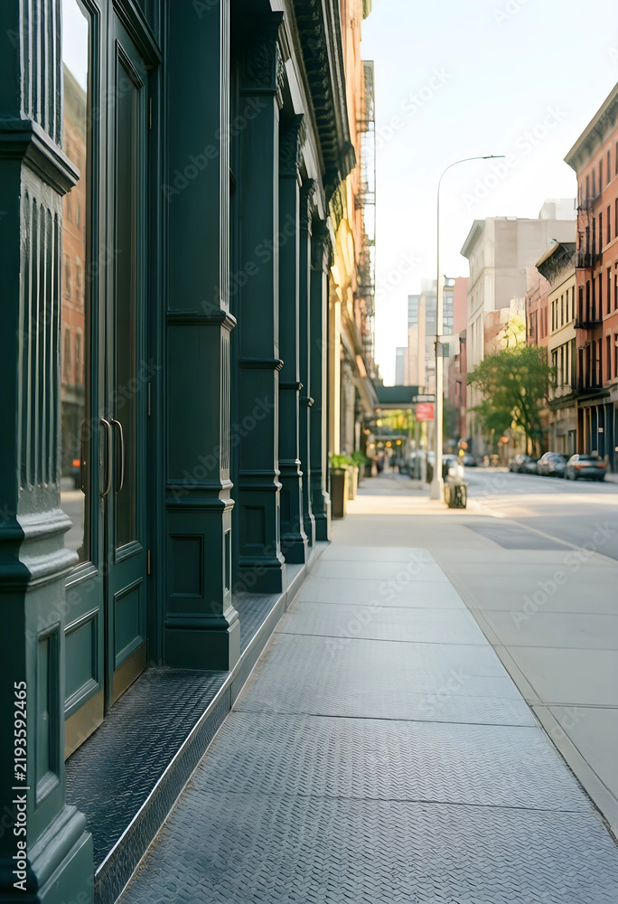 Obraz premium Urban development and city living, empty sidewalk along historic storefronts in a quiet metropolitan neighborhood during golden hour morning light