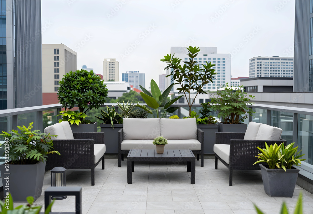 Fototapeta premium Urban lifestyle and outdoor living, modern rooftop terrace with lounge furniture and potted plants overlooking a city skyline for relaxation and leisure