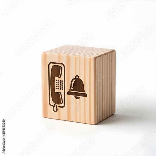 Minimalist Wooden Block with Phone and Bell Icon for Branding and Design Projects
