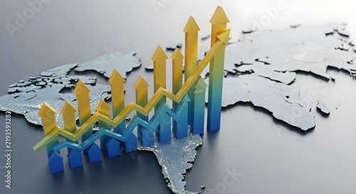 Colorful 3D Growth Arrows Rising Over World Map - Business Innovation and Global Expansion Concept