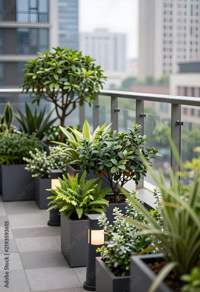 Fototapeta premium Urban gardening and sustainable living, modern balcony terrace with potted plants and outdoor lighting in a high rise apartment building city landscape