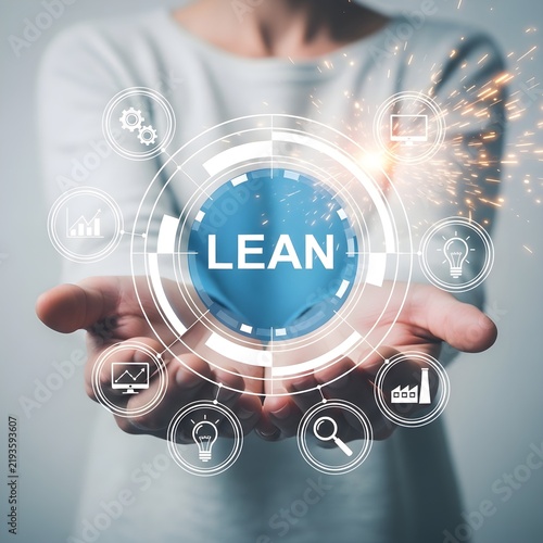 Professional hands holding holographic LEAN concept circle with interconnected business icons and global network visualization