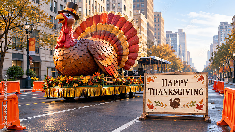 Obraz premium Giant inflatable turkey float in city parade for thanksgiving holiday celebration with thanksgiving celebration festival tradition inflatable gathering celebrate seasonal festivities