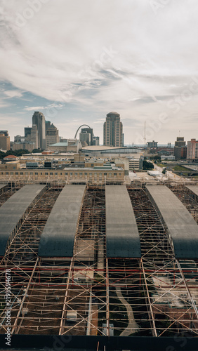 Aerial View of Downtown St. Louis with Union Station Ferris Wheel and Gateway Arch