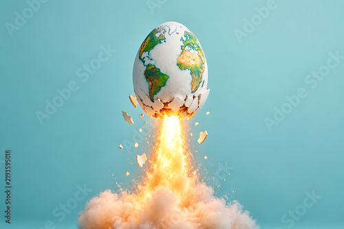 Cracked earth globe ascends with fiery propulsion against a pale blue backdrop