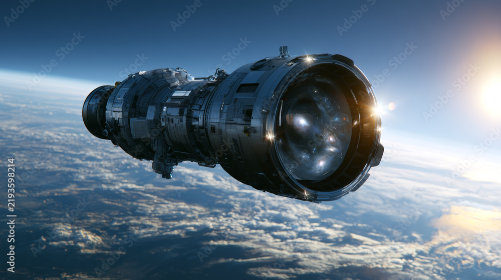 Fototapeta premium Next-generation space telescope observing distant galaxies from orbit, precision optics reflecting starlight, Earth below, realistic spacecraft, deep space, cinematic lighting, photorealistic. 