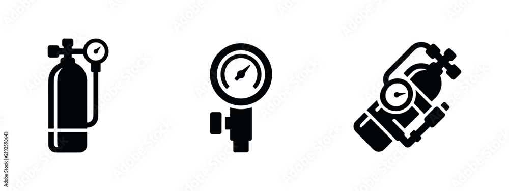 Fototapeta premium Scuba diving tank and pressure gauge icons set. Underwater exploration equipment symbols.