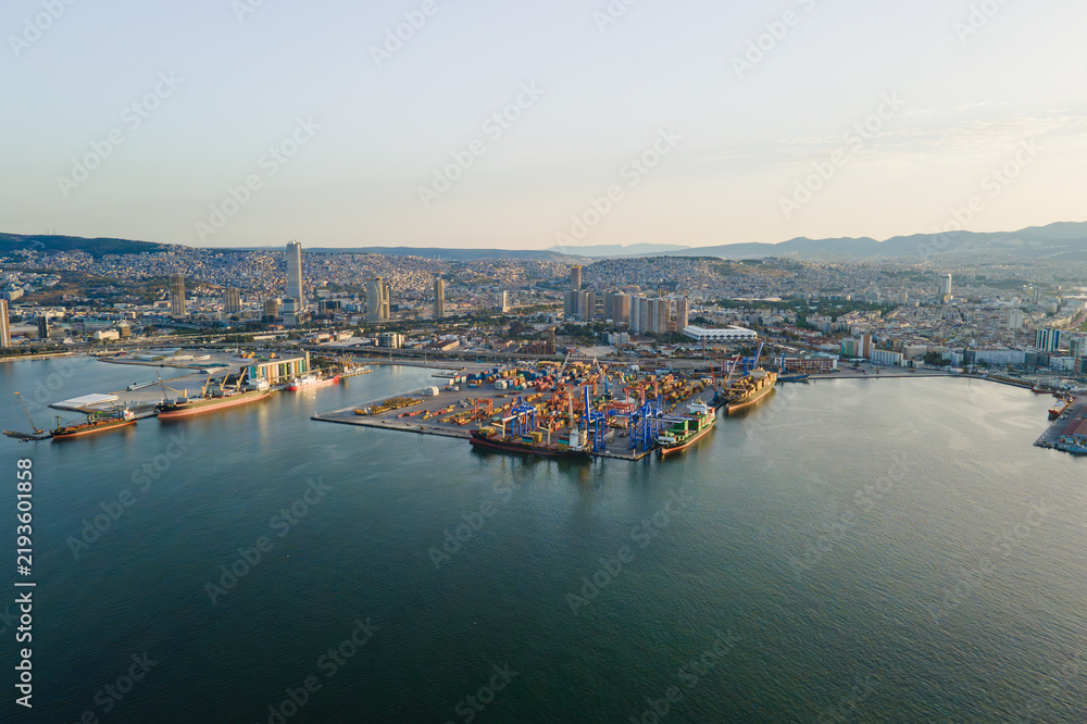 Obraz premium Commercial harbor with container terminal and cargo handling cranes. Drone view of maritime logistics, freight transportation and coastal industry