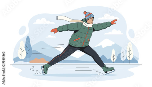 Person ice skating on a frozen lake against a backdrop of snowy mountains and clouds, capturing the fun and energy of winter sports and outdoor travel.
