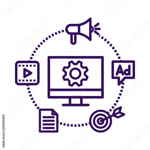 Digital marketing and online advertising campaign concept with computer icon and media elements transparent background