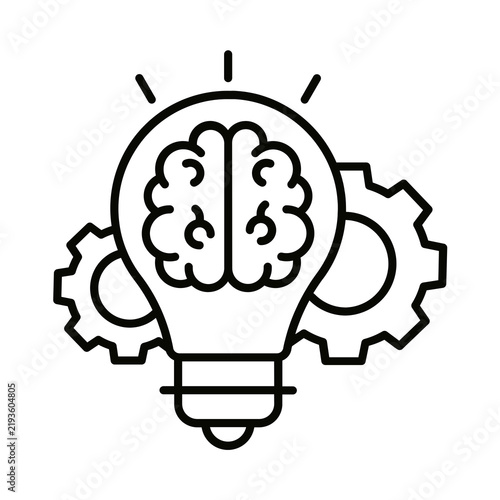 Line art icon of a glowing light bulb with a human brain inside surrounded by mechanical gears on a white background transparent background
