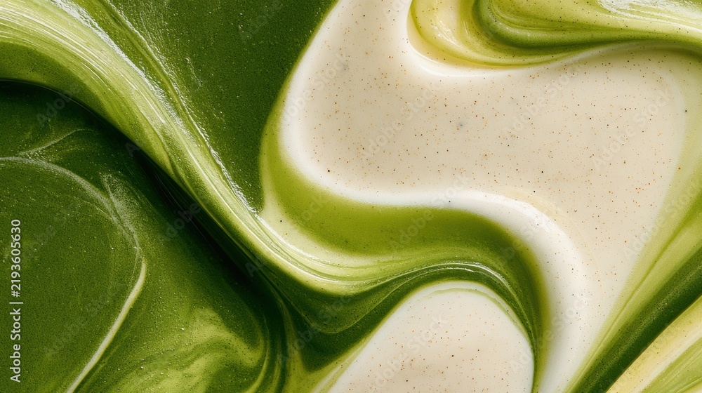 Obraz premium A top view shows matcha and vanilla forming a fluid abstract with vivid green and warm cream, highlighting vanilla flecks in the mix.
