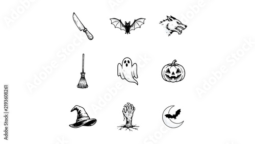 Classic Halloween woodcut illustrations of bat ghost and werewolf for creepy designs.