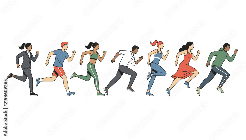 Obraz premium Diverse group of men and women in different attire from casual wear to business suits running forward with energy and determination.