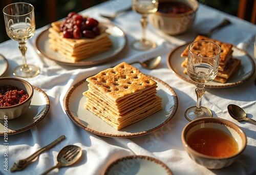 Elegant Passover Seder Table Setup for Traditional Meal with Symbolic Elements Pristine Presentation