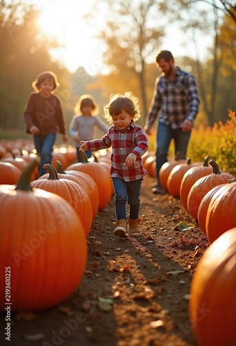 Family Autumn Harvest Pumpkin Patch Adventure Picking Orange Gourds in Sunlit Field