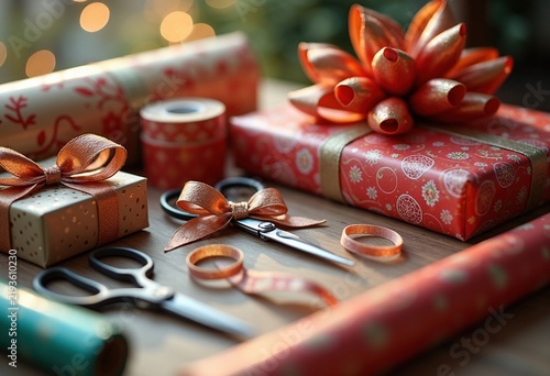 Festive Holiday Gift Wrapping Essentials Ribbons Bows Colorful Patterns Paper Stationery