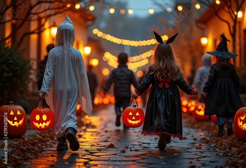 Playful Children Costumed Trick or Treating on Spooky Halloween Night Street Adventure Atmosphere