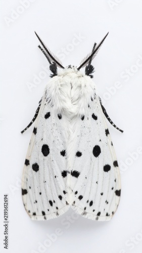 White Ermine Moth with Black Spots Isolated on White Background Macro Wildlife Photography