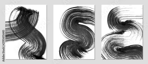Set of vector abstract backgrounds. Black ink brush strokes, patterns, posters, cover.	
