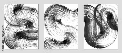Set of vector abstract backgrounds. Black ink brush strokes, patterns, posters, cover.	