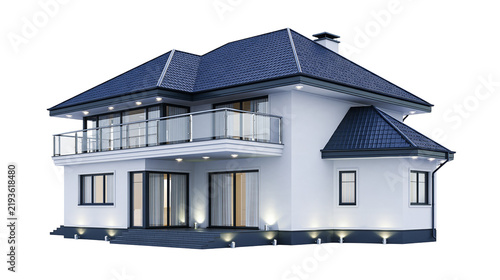 Isolated modern two-story residential building with balcony, dark roof, and illuminated entrance.