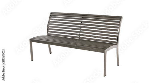 Fotografie Isolated modern outdoor park bench with slatted wood seat and backrest on sleek metallic frame