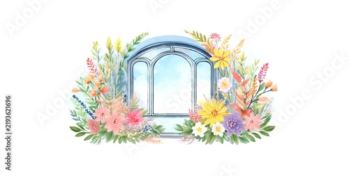 Watercolor arch window with colorful blooming wildflowers frame on white background
