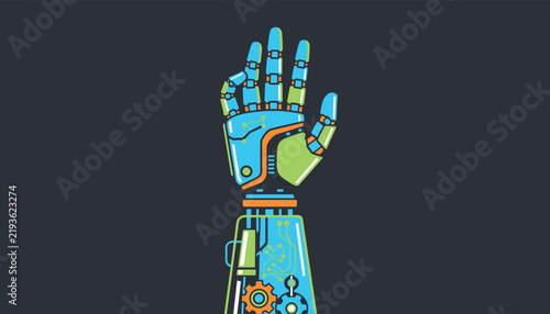 High-tech robotic arm and hand with glowing blue and green panels showing internal gears and circuits on a dark background.