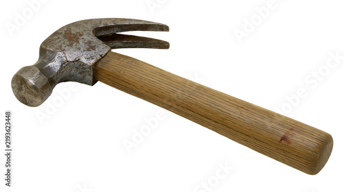 Foto Isolated well-worn claw hammer featuring a rustic textured metal head and wooden