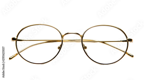 Obraz na płótnie Isolated elegant gold metal round frame glasses for reading or fashion, minimali