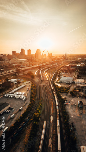 Aerial View of St. Louis Skyline at Sunset with Gateway Arch and Union Station
