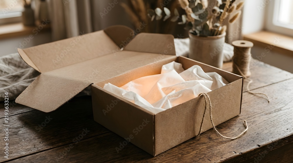 Fototapeta premium Warm glow from an opened craft paper box, revealing a hidden surprise on a rustic wooden table