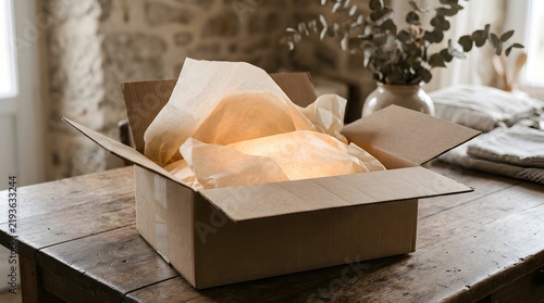 Open cardboard box filled with protective tissue paper, ready for shipping