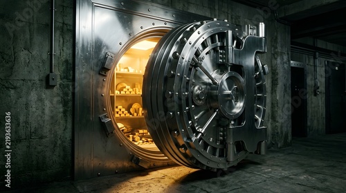 Open Bank Vault Steel Door Revealing Glowing Gold Bars Inside