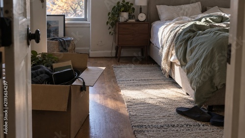 A close up view shows stacked cardboard boxes on the left side near a closed white door, contrasting with a made bed featuring light green bedding in a sunlit bedroom setting