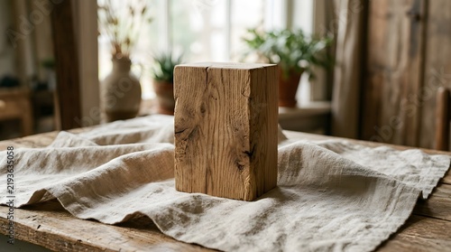 Rustic Wooden Block Pedestal Display on Linen Tablecloth