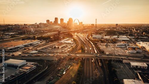 Aerial View of St. Louis Skyline at Sunset with Gateway Arch and Union Station