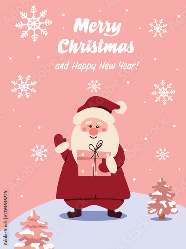 Merry Christmas vertical card featuring Santa Claus holding gift box, snowflakes, and snowy pink trees on pastel pink background. Vector poster layout.