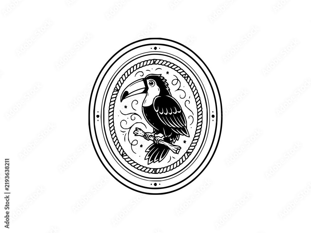 Obraz premium Exotic Toucan Bird Vector Illustration in Circular Rope Border Frame