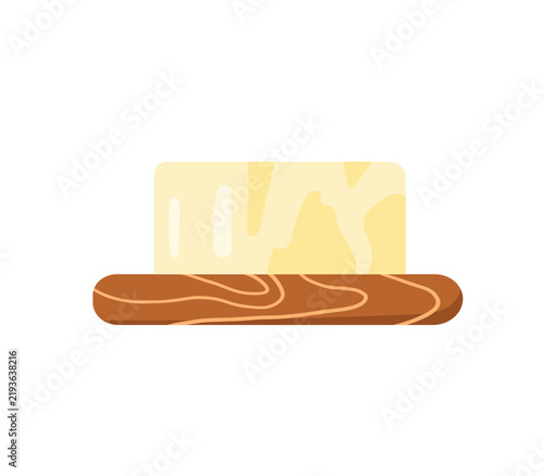 Piece of fresh creamy butter block served on wooden cutting board isolated on white background. Dairy product for cooking and baking vector element.