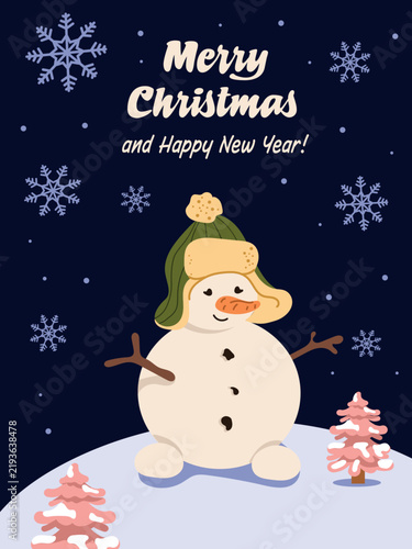 Merry Christmas vertical poster with cute snowman in warm winter hat, carrot nose, snowflakes, and pink snowy trees on dark night sky. Vector card.