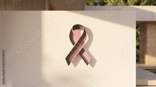 Premium Pink October conceptual photograph showing a recognizable breast cancer awareness ribbon formed entirely by a soft pink shadow on an ivory wall